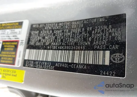 2009 Toyota Camry Le z USA, uszkodzony, nr VIN 4T1BE46K99U340646